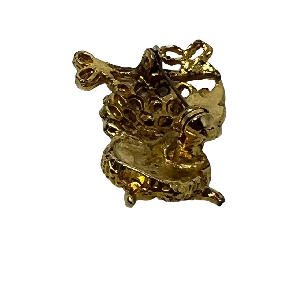 Owl Brooch Clear‎ Rhinestone Eyes Filigree Gold Tone Vintage Pin